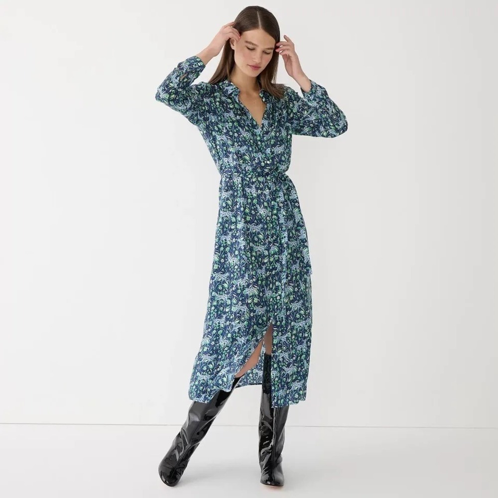 J.Crew Women Navy Green Leopard Botanical Print Cupro Midi Shirt Dress Size 6